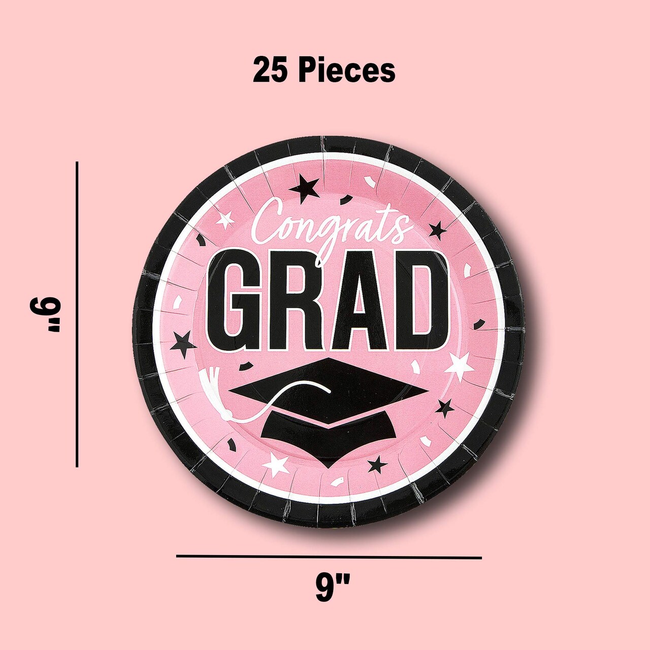 25 Count Paper Dinner Plates 9 Inch Pink Round for Graduation Party Congrats Grad Decor